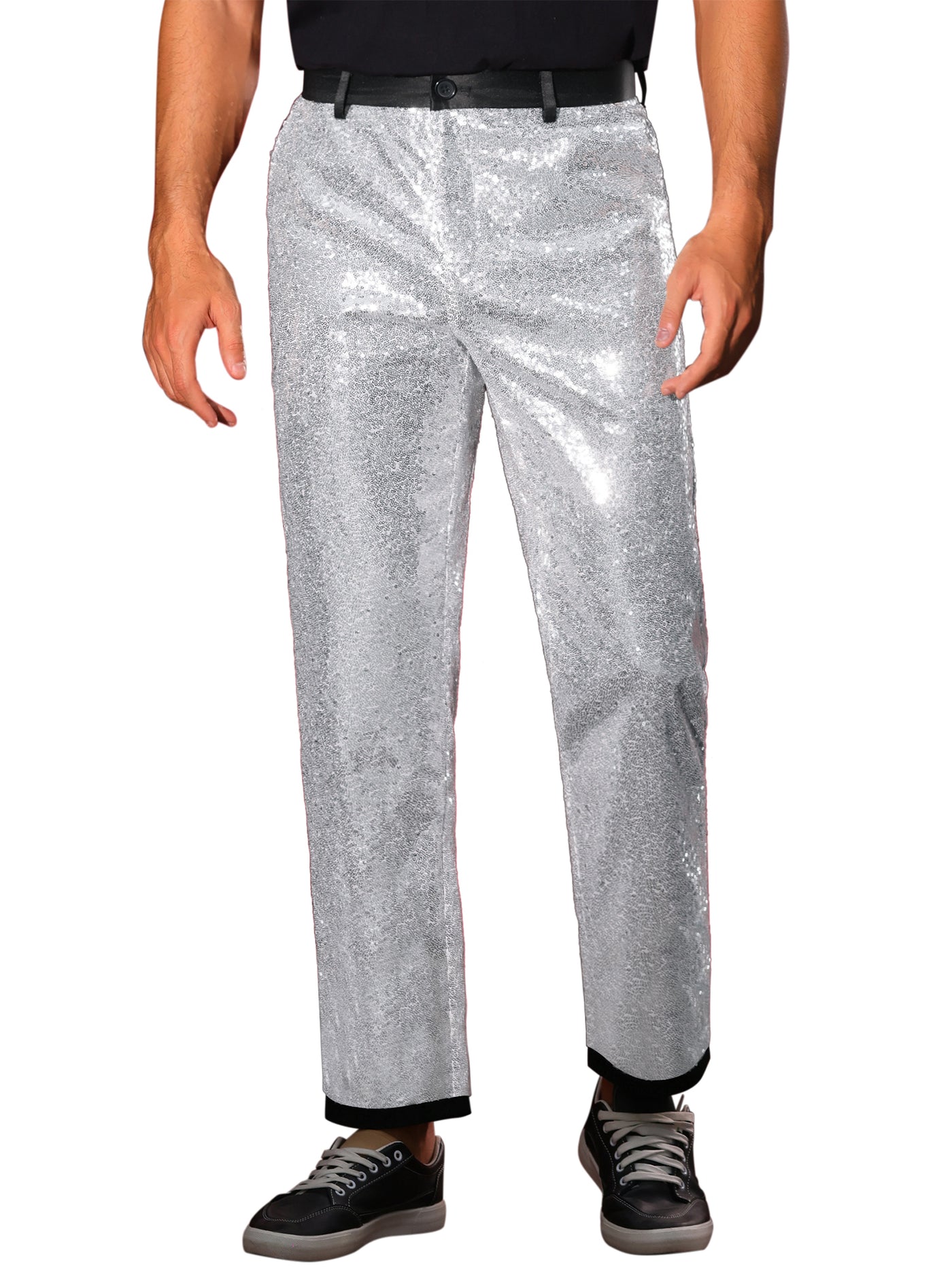 Bublédon Sequin Dress Pants for Men's Straight Leg Button Down Party Metallic Shiny Suit Trouser