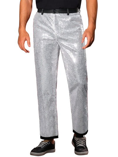 Sequin Dress Pants for Men's Straight Leg Button Down Party Metallic Shiny Suit Trouser