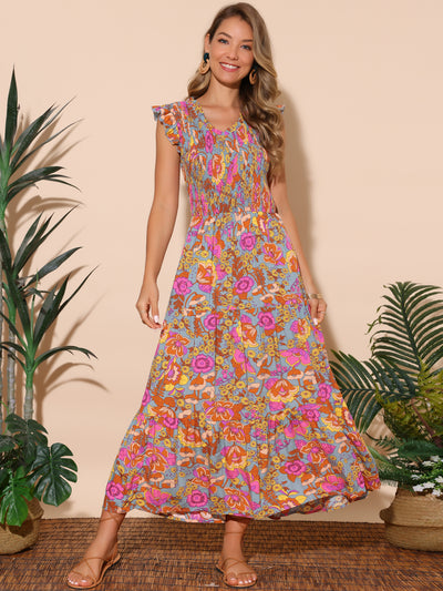 Women's Summer Dresses V Neck Ruffle Cap Sleeve Smocked Floral Sundress Tiered Beach Flowy Boho Maxi Dress