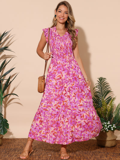 Women's Summer Dresses V Neck Ruffle Cap Sleeve Smocked Floral Sundress Tiered Beach Flowy Boho Maxi Dress