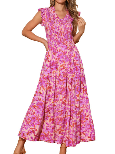 Women's Summer Dresses V Neck Ruffle Cap Sleeve Smocked Floral Sundress Tiered Beach Flowy Boho Maxi Dress