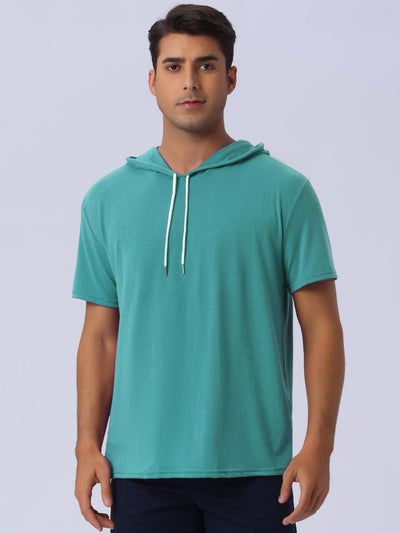 Hoodies T-Shirt for Men's Casual Hoody Short Sleeve Solid Color Drawstring Hooded Sweatshirt