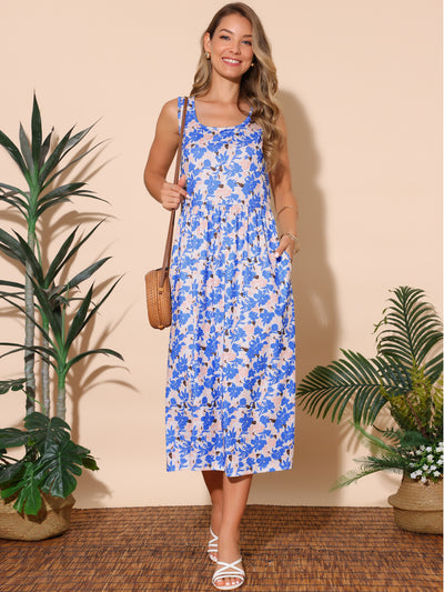 Women's Summer Dresses Sleeveless Sundresses Beach Boho Vintage Floral Flowy Tank Dress with Pocket