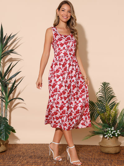 Women's Summer Dresses Sleeveless Sundresses Beach Boho Vintage Floral Flowy Tank Dress with Pocket