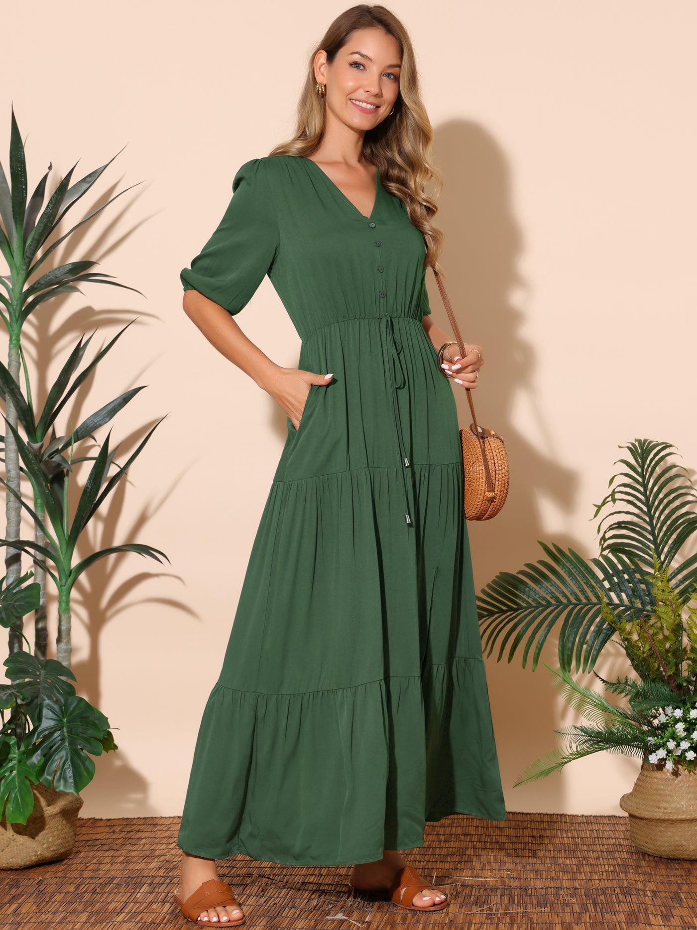 Bublédon Women's Casual V Neck Half-Sleeve Drawstring Waisted Tiered Slit A-Line Maxi Dress with Pockets