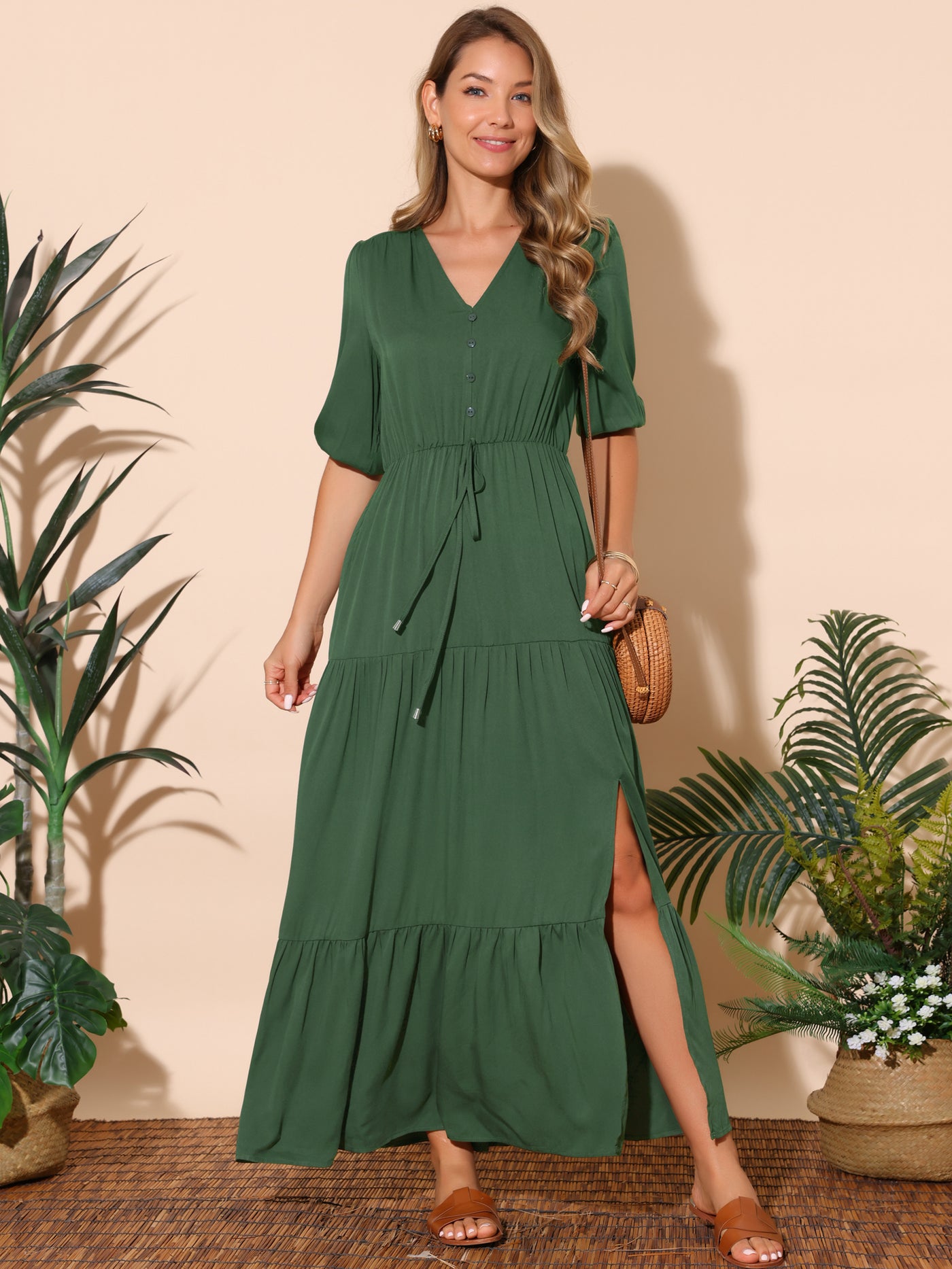 Bublédon Women's Casual V Neck Half-Sleeve Drawstring Waisted Tiered Slit A-Line Maxi Dress with Pockets