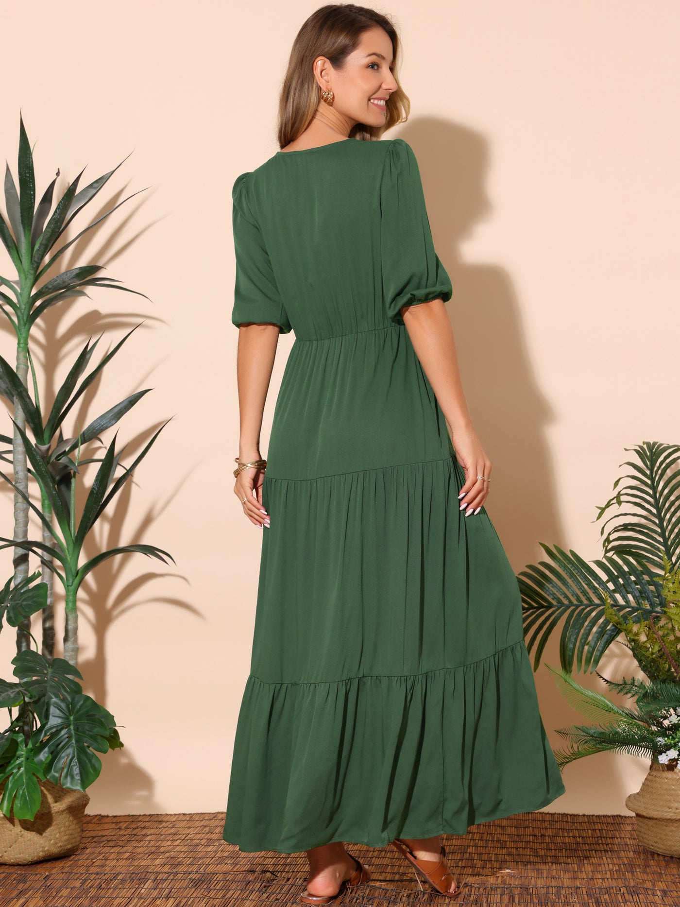 Bublédon Women's Casual V Neck Half-Sleeve Drawstring Waisted Tiered Slit A-Line Maxi Dress with Pockets