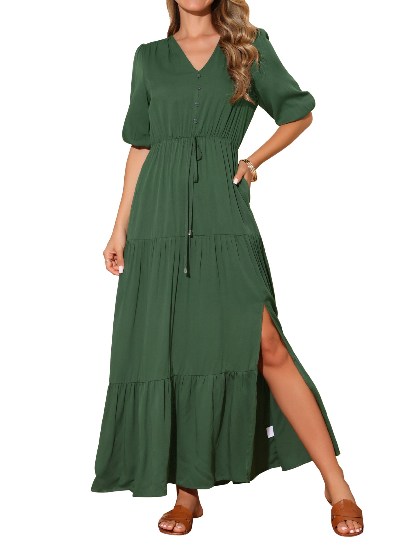 Bublédon Women's Casual V Neck Half-Sleeve Drawstring Waisted Tiered Slit A-Line Maxi Dress with Pockets