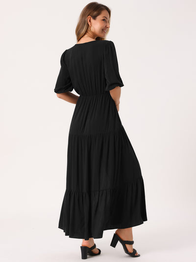 Women's Casual V Neck Half-Sleeve Drawstring Waisted Tiered Slit A-Line Maxi Dress with Pockets