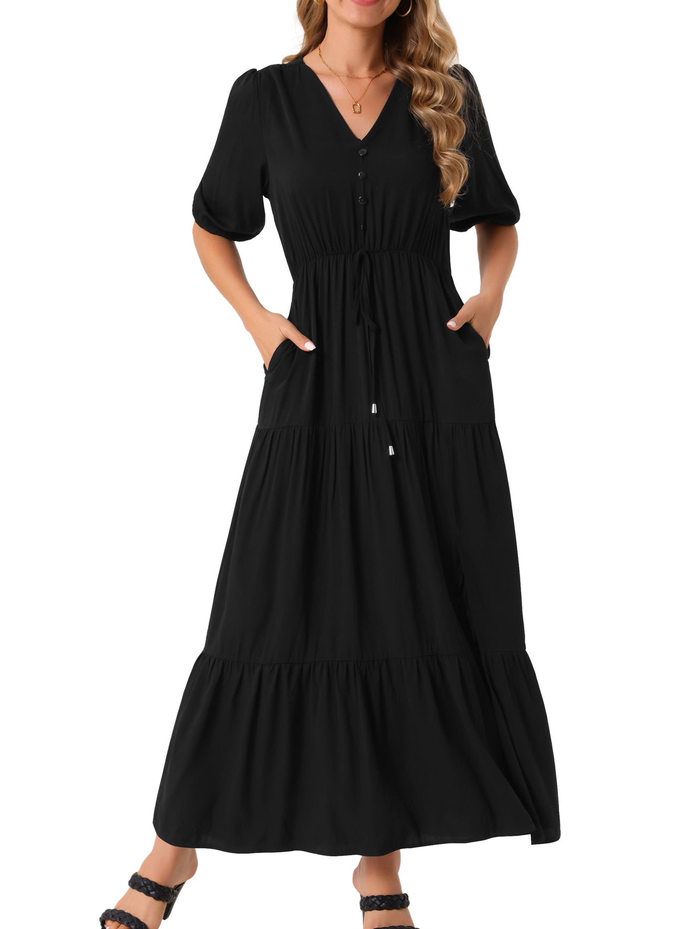 Bublédon Women's Casual V Neck Half-Sleeve Drawstring Waisted Tiered Slit A-Line Maxi Dress with Pockets