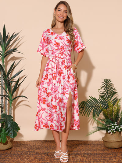 Women's Summer Dresses Loose Boho V Neck Short Sleeve Flowy Floral Slit Beach Maxi Dress with Pockets