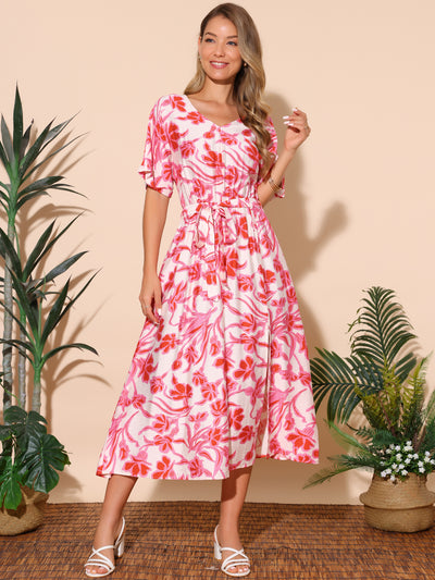 Women's Summer Dresses Loose Boho V Neck Short Sleeve Flowy Floral Slit Beach Maxi Dress with Pockets