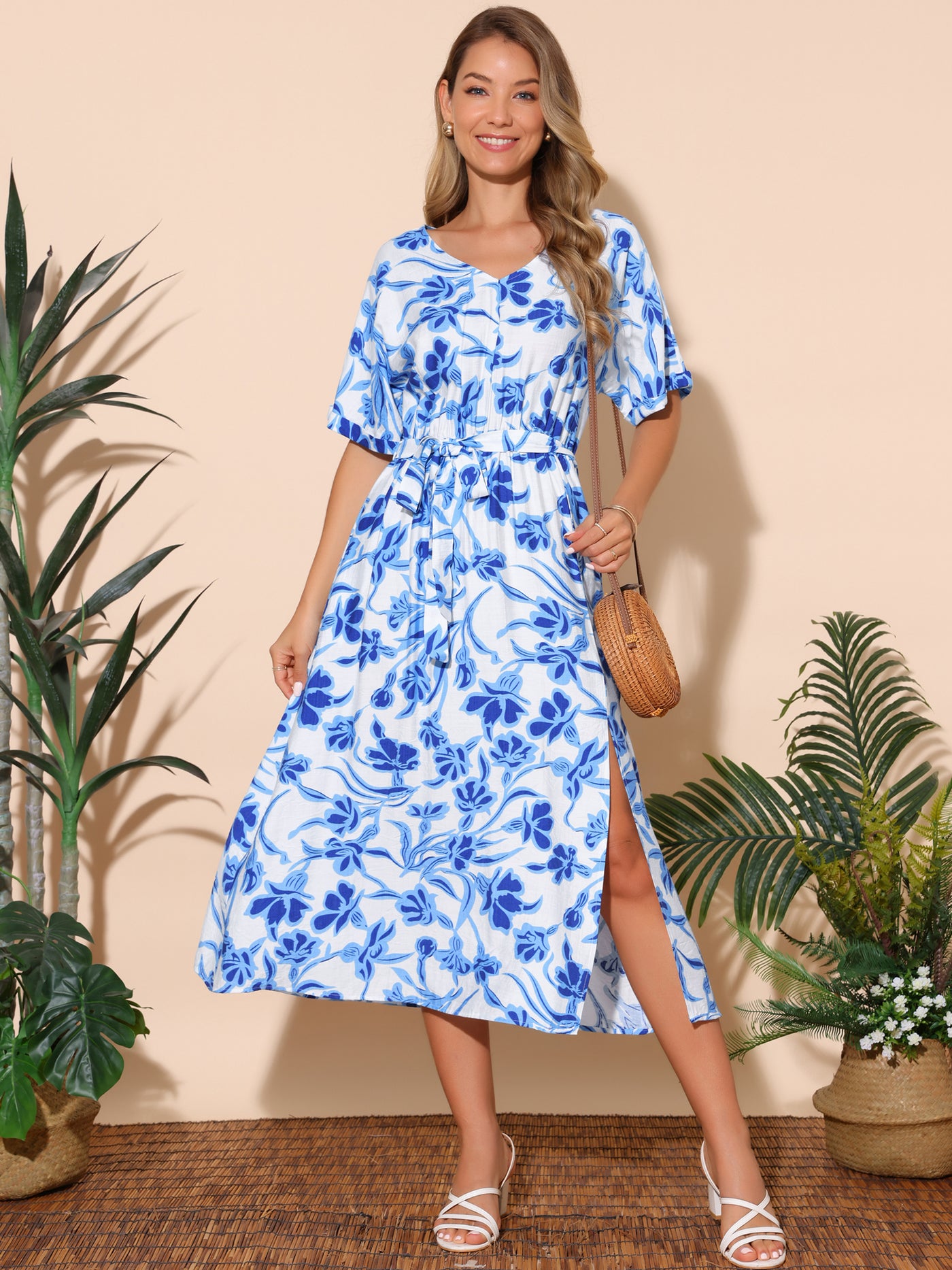 Bublédon Women's Summer Dresses Loose Boho V Neck Short Sleeve Flowy Floral Slit Beach Maxi Dress with Pockets