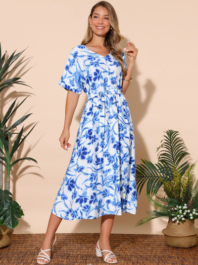 Women's Summer Dresses Loose Boho V Neck Short Sleeve Flowy Floral Slit Beach Maxi Dress with Pockets