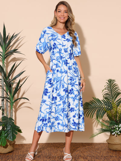 Women's Summer Dresses Loose Boho V Neck Short Sleeve Flowy Floral Slit Beach Maxi Dress with Pockets