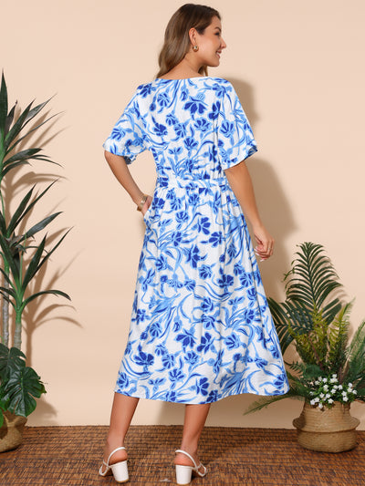 Women's Summer Dresses Loose Boho V Neck Short Sleeve Flowy Floral Slit Beach Maxi Dress with Pockets