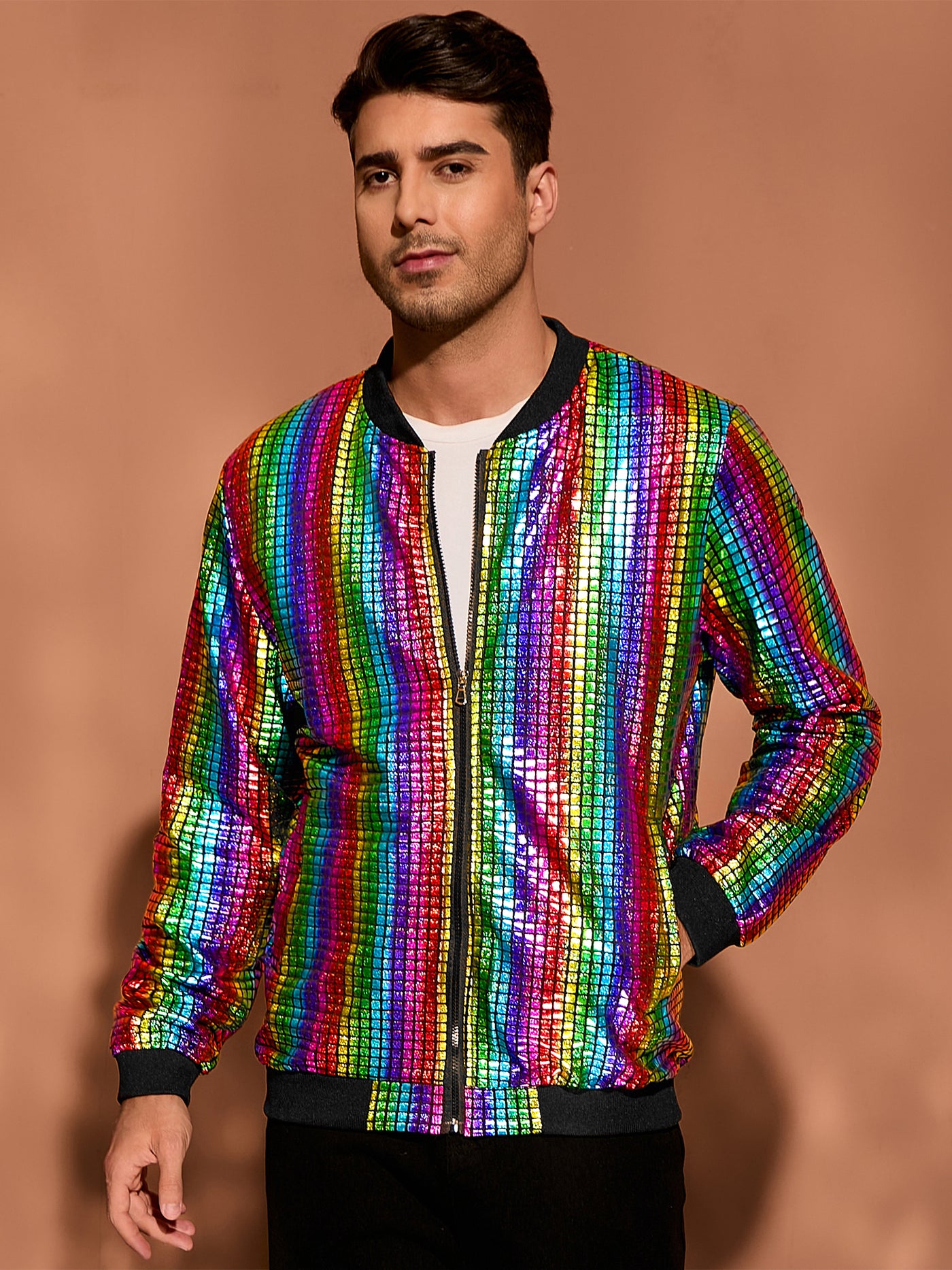 Bublédon Men's Holographic Varsity Full Zip Up Party Shiny Metallic Bomber Jackets