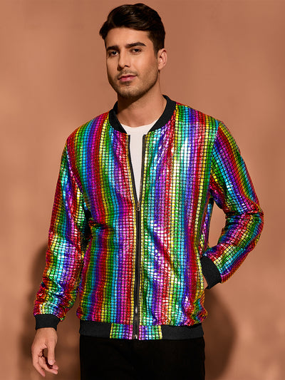 Men's Holographic Varsity Full Zip Up Party Shiny Metallic Bomber Jackets