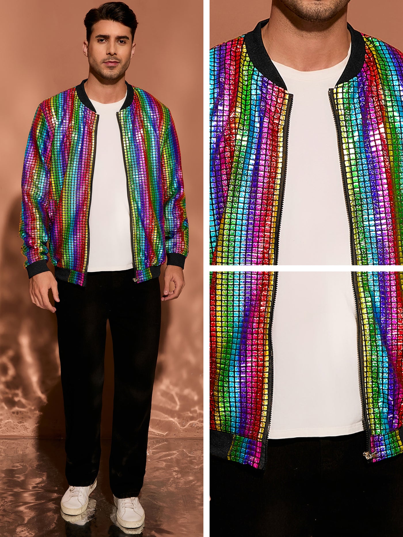 Bublédon Men's Holographic Varsity Full Zip Up Party Shiny Metallic Bomber Jackets