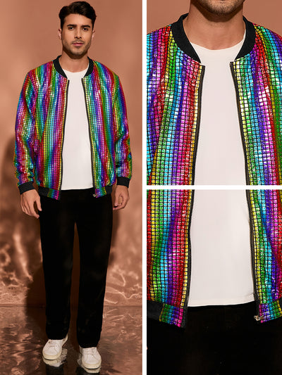 Men's Holographic Varsity Full Zip Up Party Shiny Metallic Bomber Jackets