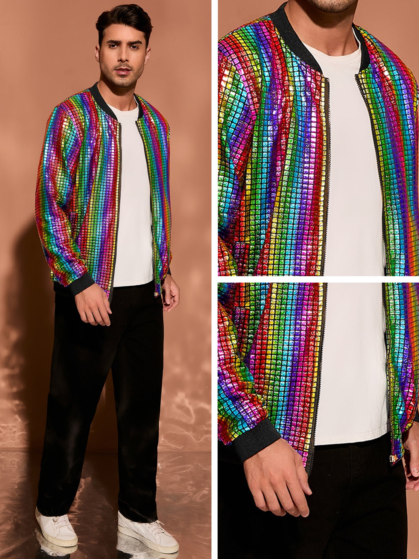 Bublédon Men's Holographic Varsity Full Zip Up Party Shiny Metallic Bomber Jackets