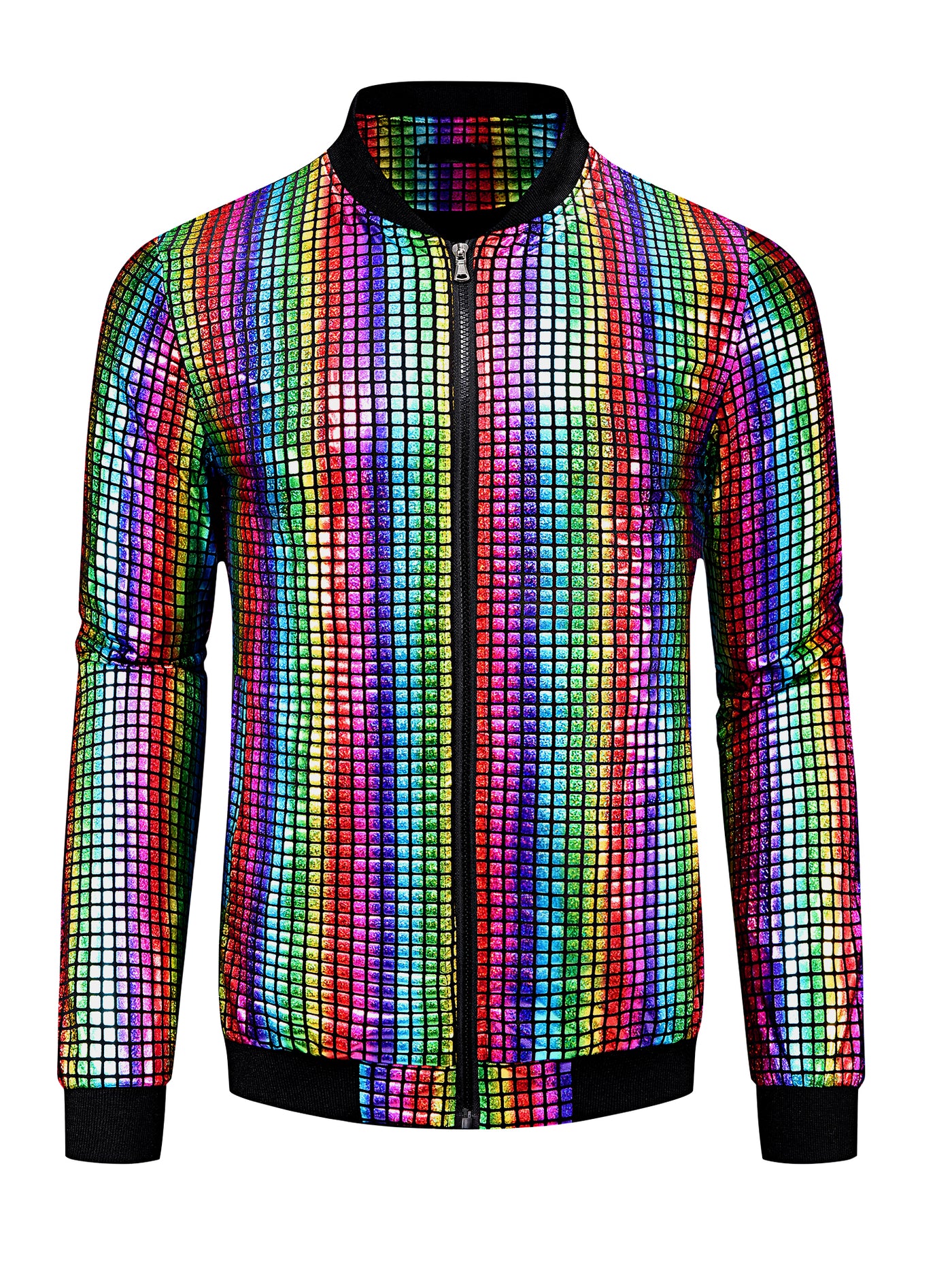 Bublédon Men's Holographic Varsity Full Zip Up Party Shiny Metallic Bomber Jackets