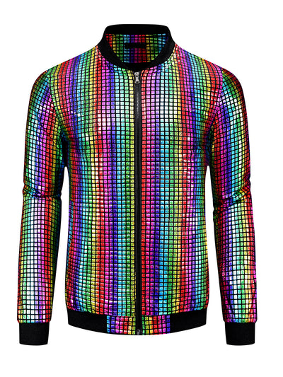 Men's Holographic Varsity Full Zip Up Party Shiny Metallic Bomber Jackets