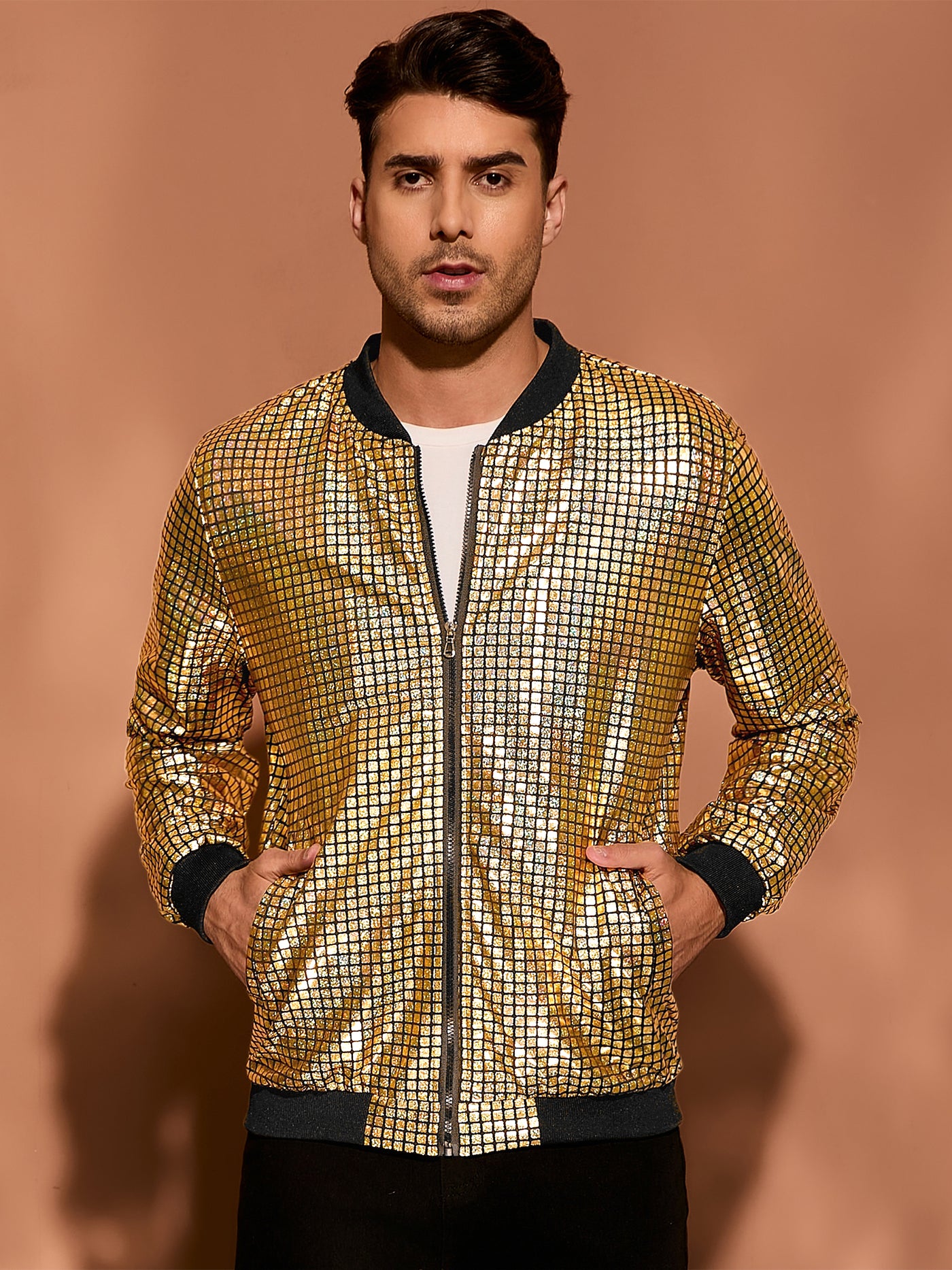 Bublédon Men's Holographic Varsity Full Zip Up Party Shiny Metallic Bomber Jackets