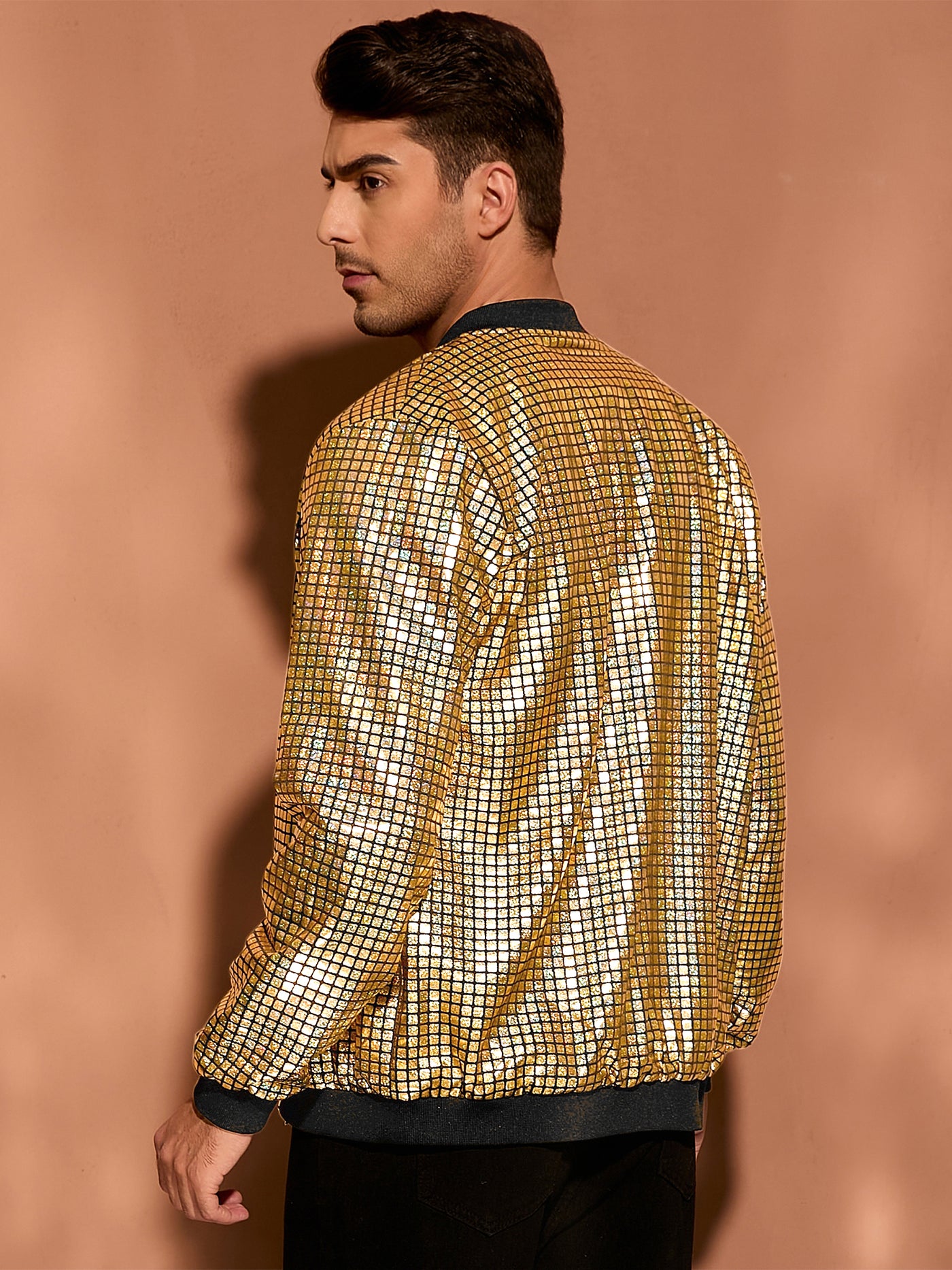 Bublédon Men's Holographic Varsity Full Zip Up Party Shiny Metallic Bomber Jackets