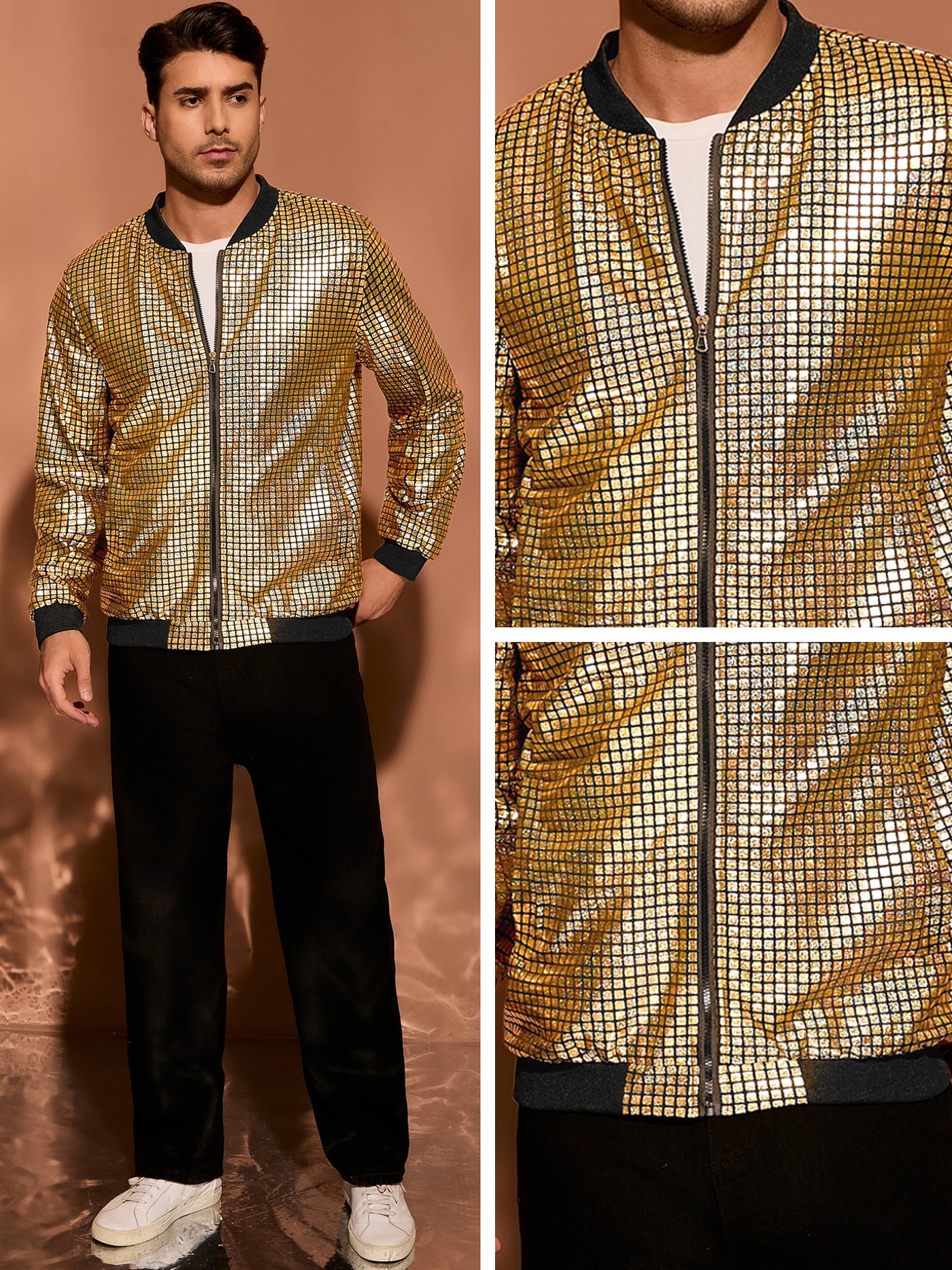 Bublédon Men's Holographic Varsity Full Zip Up Party Shiny Metallic Bomber Jackets