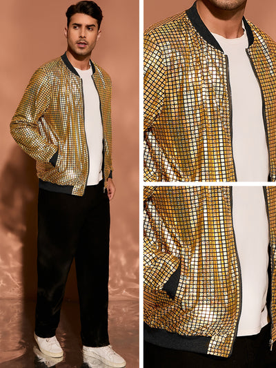 Men's Holographic Varsity Full Zip Up Party Shiny Metallic Bomber Jackets