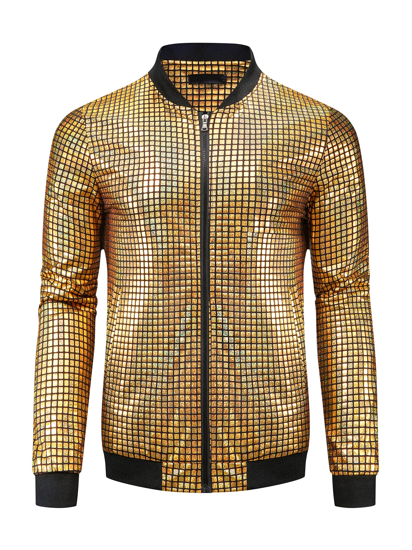 Bublédon Men's Holographic Varsity Full Zip Up Party Shiny Metallic Bomber Jackets