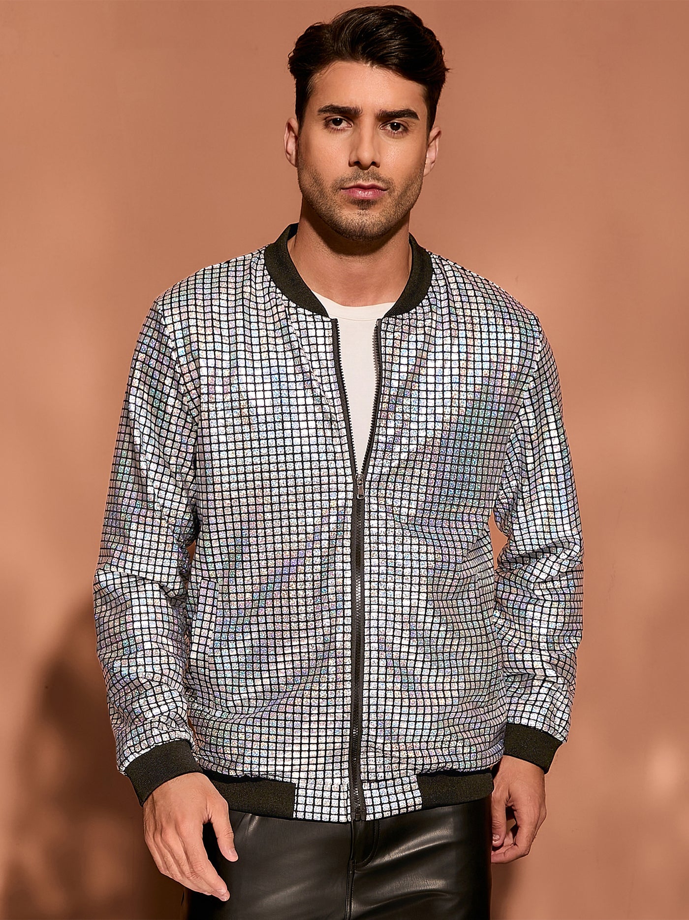 Bublédon Men's Holographic Varsity Full Zip Up Party Shiny Metallic Bomber Jackets