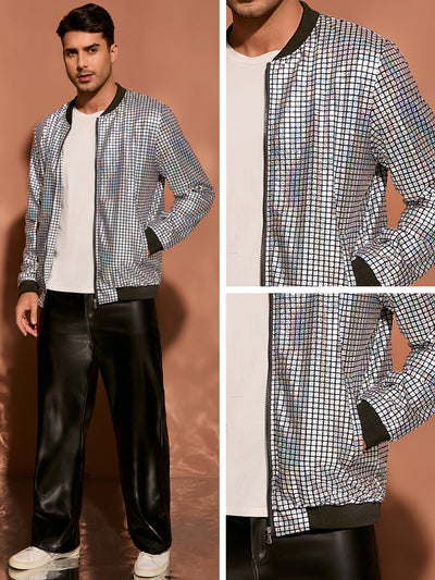 Men's Holographic Varsity Full Zip Up Party Shiny Metallic Bomber Jackets