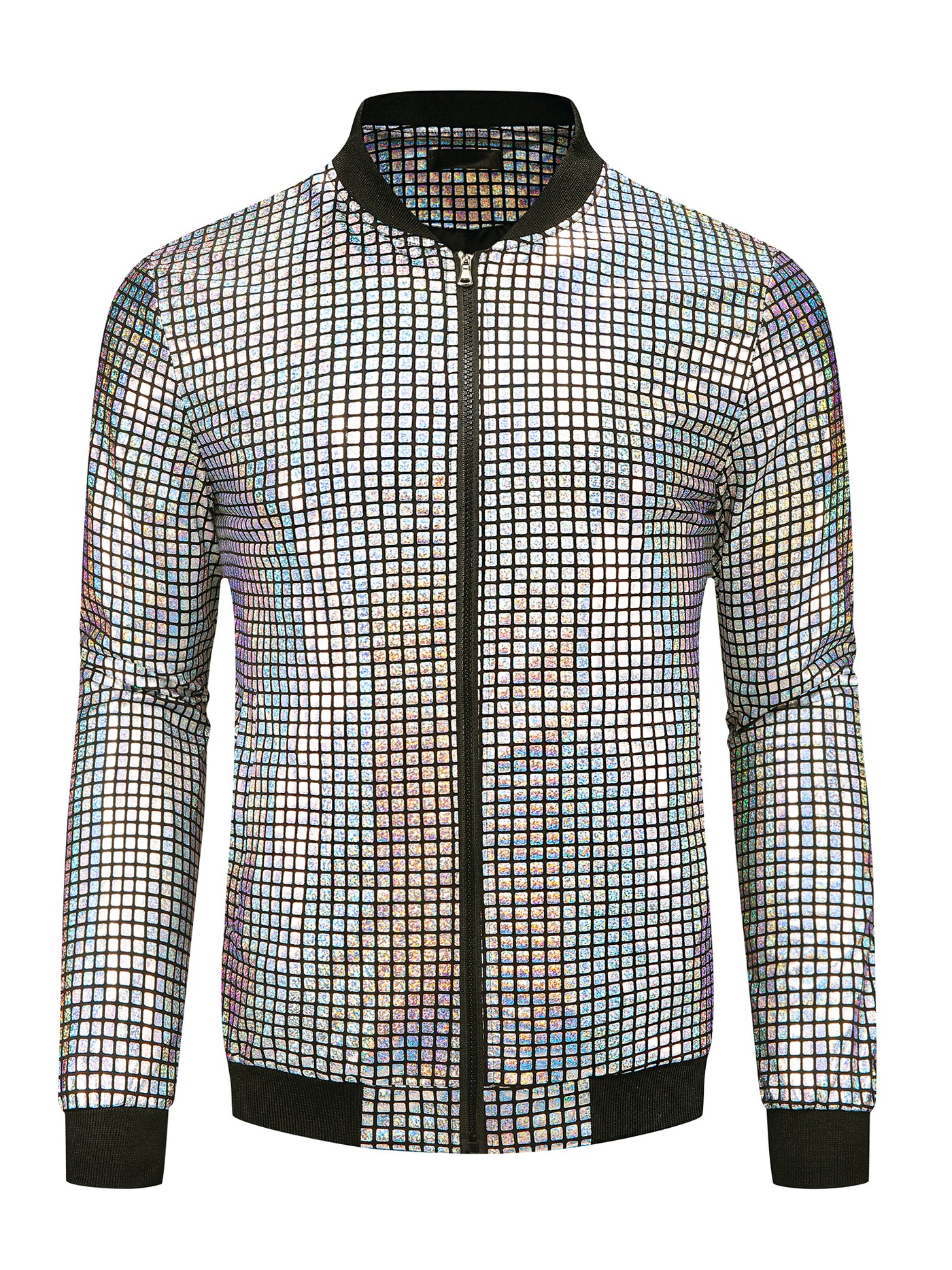 Bublédon Men's Holographic Varsity Full Zip Up Party Shiny Metallic Bomber Jackets