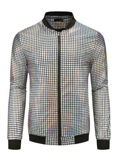 Men's Holographic Varsity Full Zip Up Party Shiny Metallic Bomber Jackets