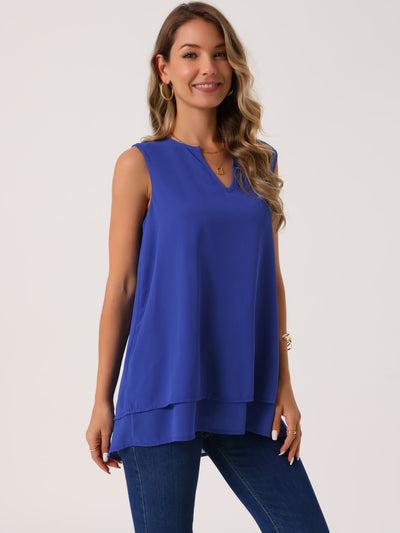 Women's Chiffon Blouse V Neck Sleeveless Casual Tops Asymmetrical Hem Double Layer Flowy Tunic Shirts