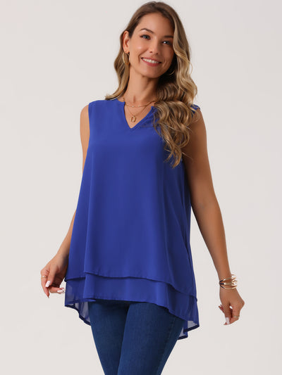 Women's Chiffon Blouse V Neck Sleeveless Casual Tops Asymmetrical Hem Double Layer Flowy Tunic Shirts