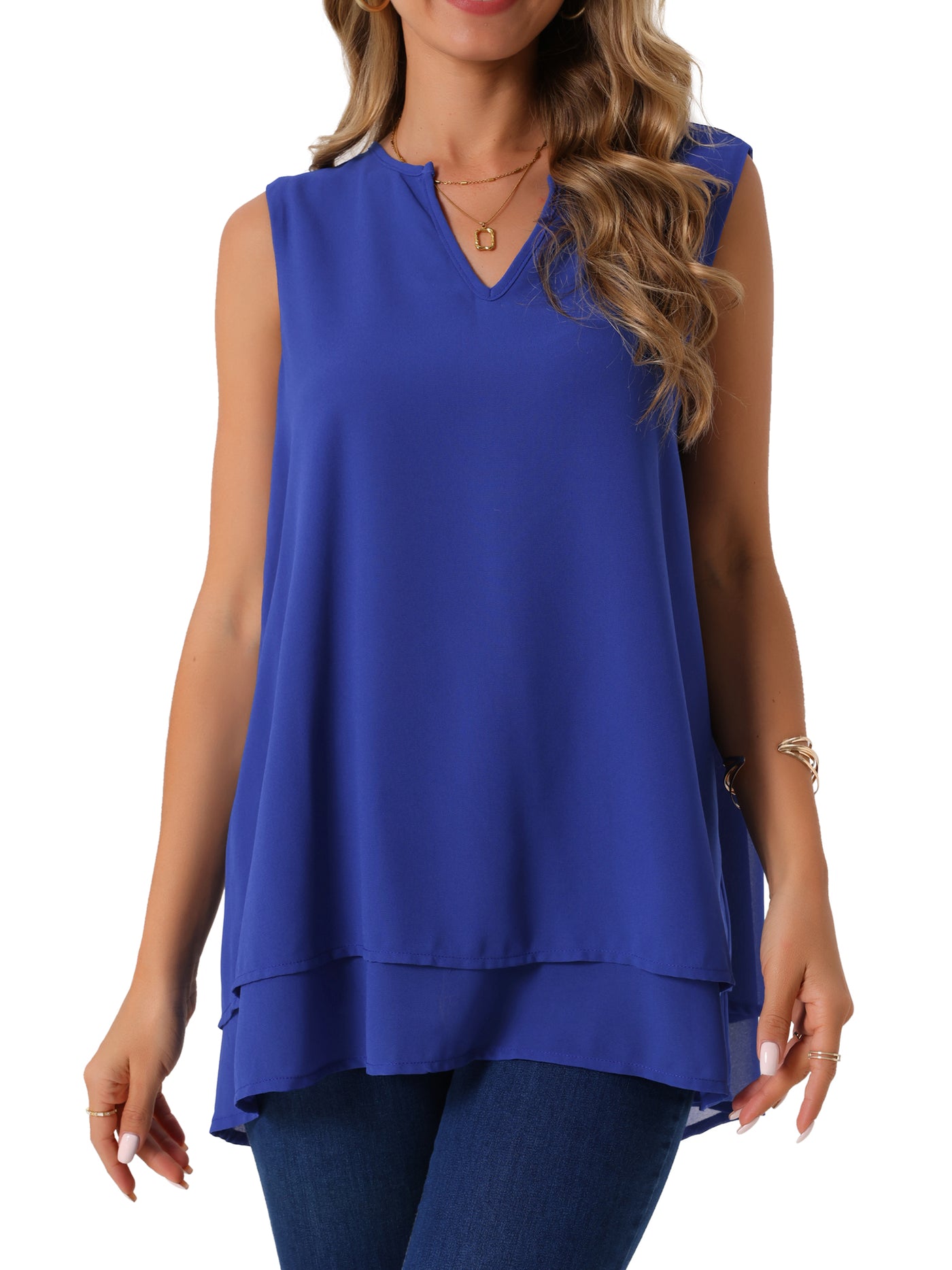 Bublédon Women's Chiffon Blouse V Neck Sleeveless Casual Tops Asymmetrical Hem Double Layer Flowy Tunic Shirts