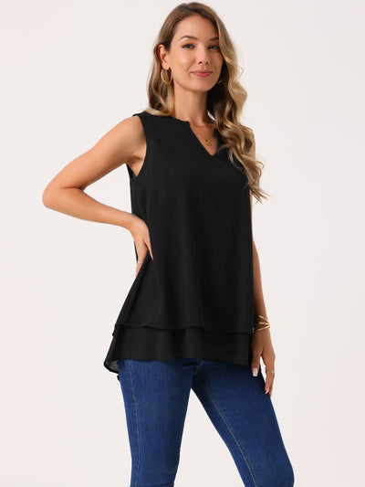 Bublédon Women's Chiffon Blouse V Neck Sleeveless Casual Tops Asymmetrical Hem Double Layer Flowy Tunic Shirts