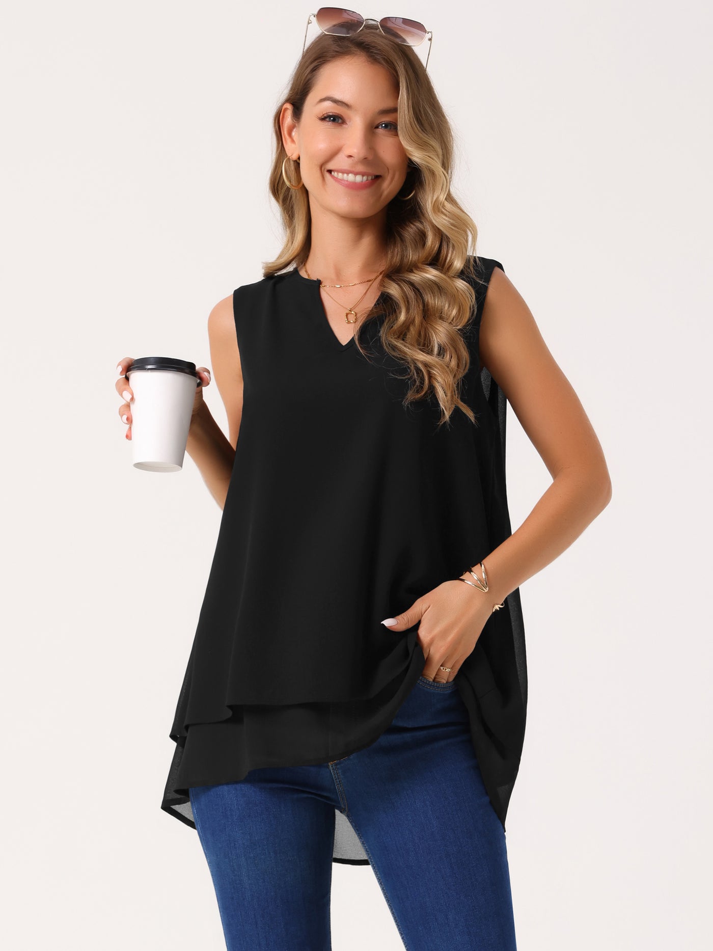 Bublédon Women's Chiffon Blouse V Neck Sleeveless Casual Tops Asymmetrical Hem Double Layer Flowy Tunic Shirts