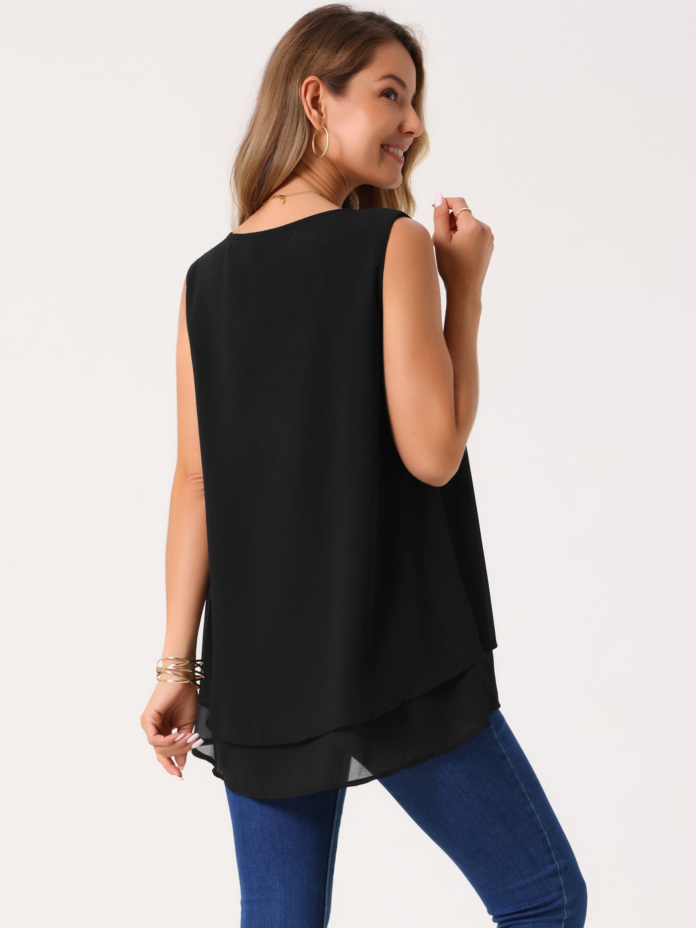 Bublédon Women's Chiffon Blouse V Neck Sleeveless Casual Tops Asymmetrical Hem Double Layer Flowy Tunic Shirts