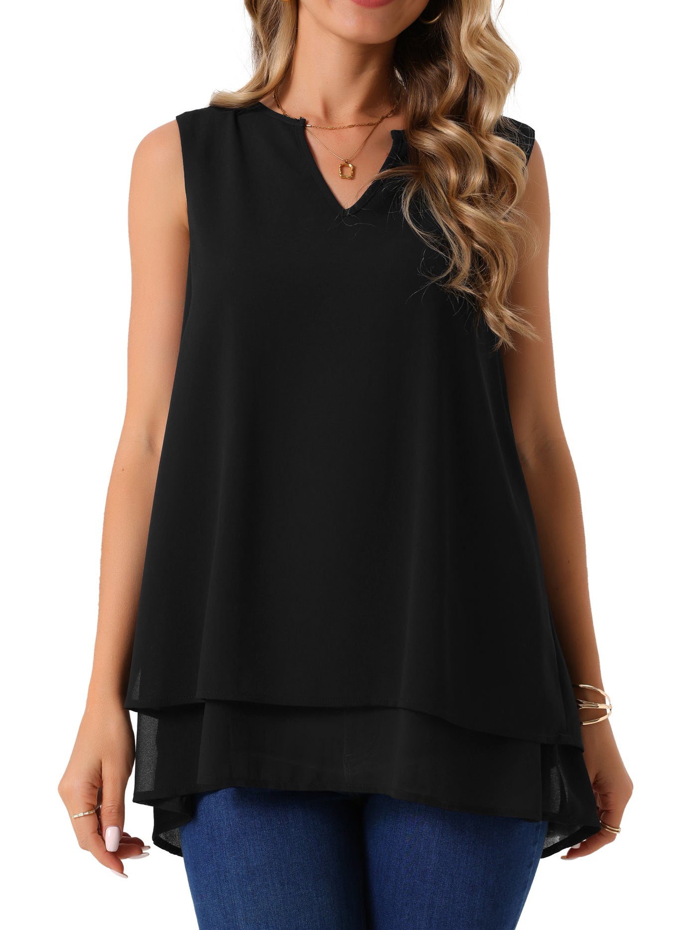 Bublédon Women's Chiffon Blouse V Neck Sleeveless Casual Tops Asymmetrical Hem Double Layer Flowy Tunic Shirts