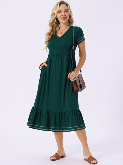 Bublédon Women's Dresses V Neck Short Sleeve Contrast Trim A Line Midi Summer Dress with Pockets