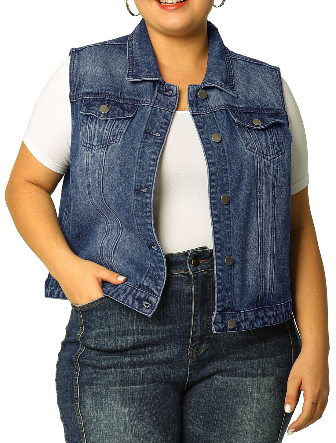 Bublédon Women Plus Size Chest Pockets Single Breasted Denim Vest