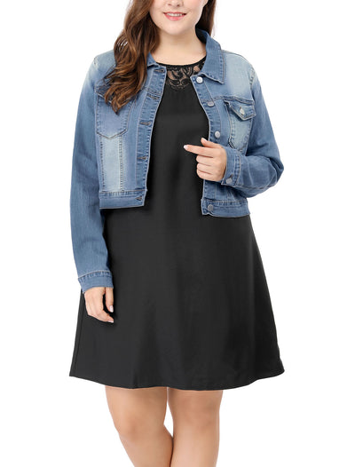 Women Plus Size Button Closed Cropped Denim Jacket