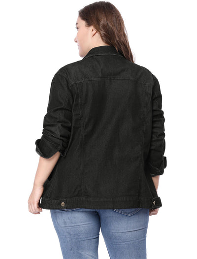 Women Plus Size Stitching Button Front Washed Denim Jacket