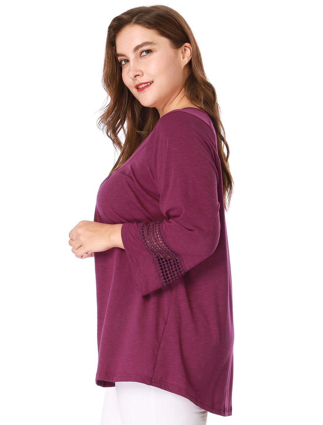 Bublédon Plus Size Plain Long Crochet Sleeve Loose Blouse