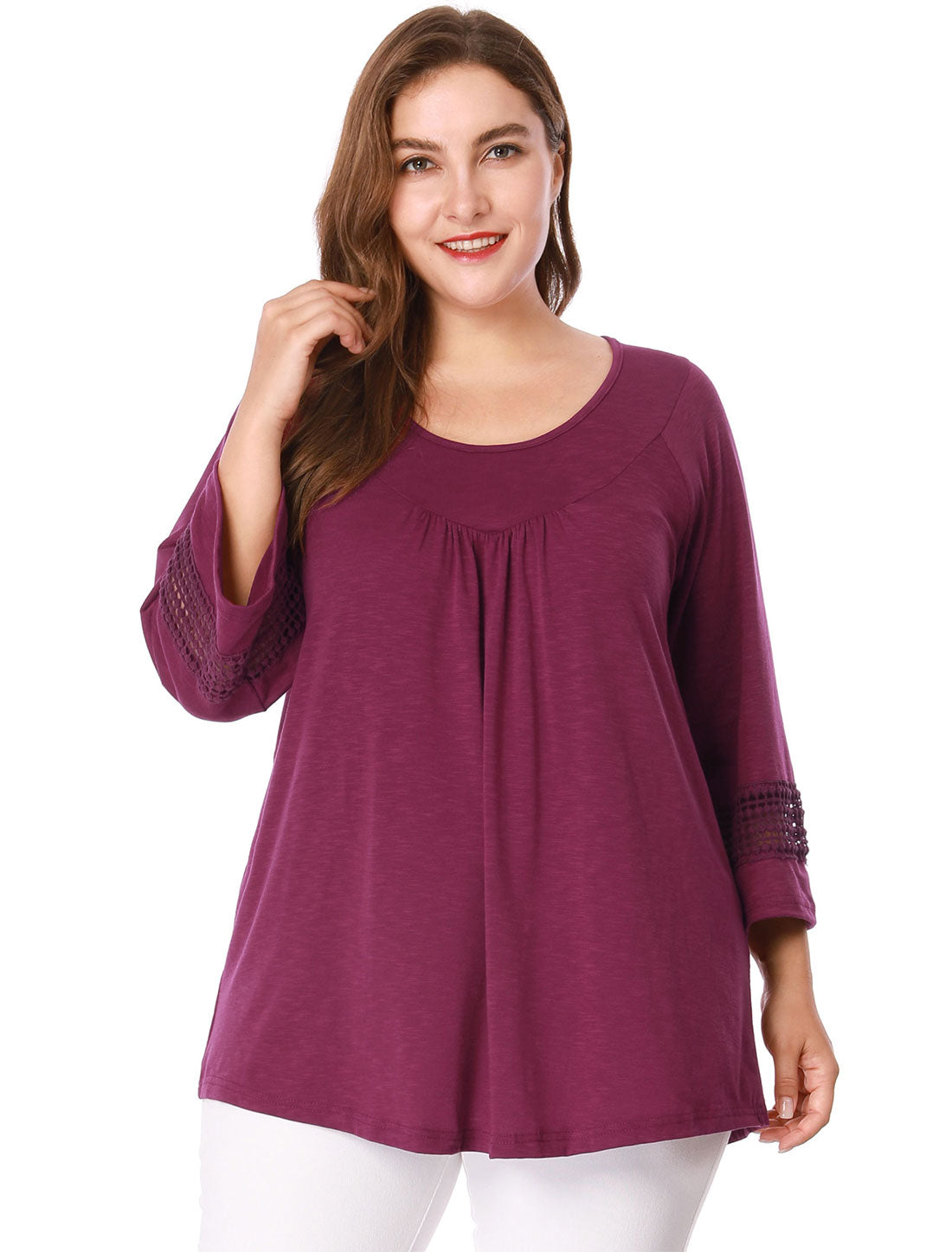 Bublédon Plus Size Plain Long Crochet Sleeve Loose Blouse