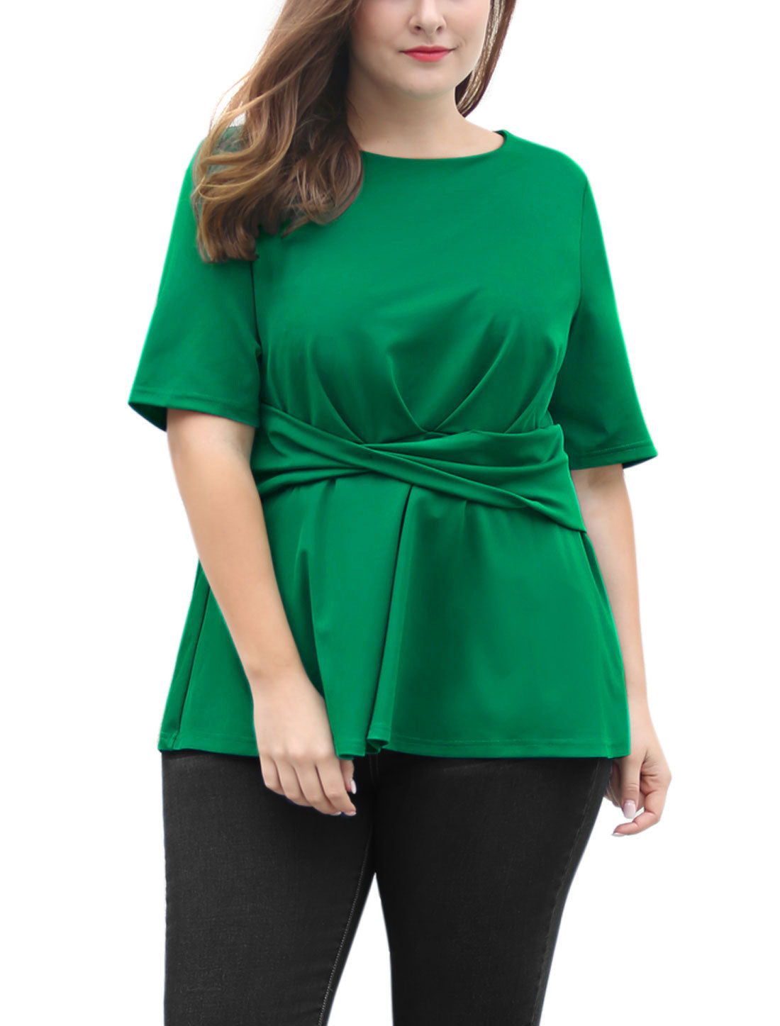 Bublédon Women Plus Size Short Sleeves Twisted Knot Front Peplum Top